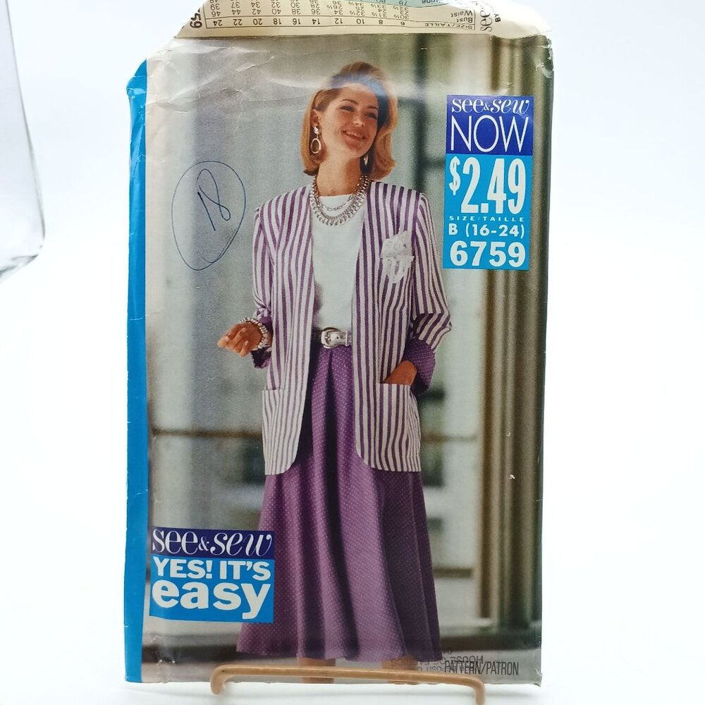 Vintage See and Sew 6759 Sewing Pattern Misses Size B 16-24 Jacket & Skirt 1993
